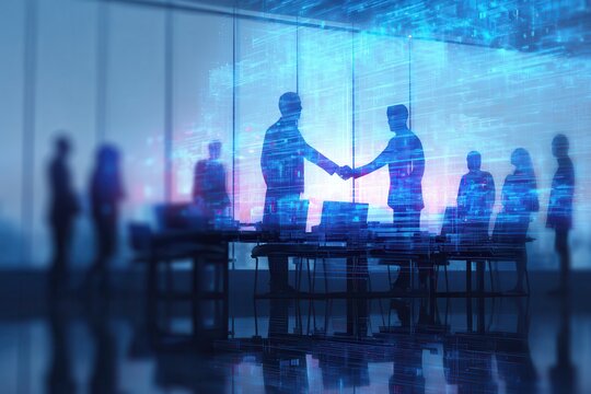 Business Partners Shaking Hands in Modern Office With Digital Overlay Effects