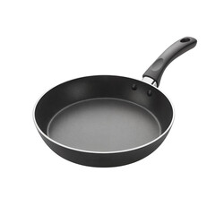 Black frying pan with a non-stick coating and a handle isolates on a transparent background