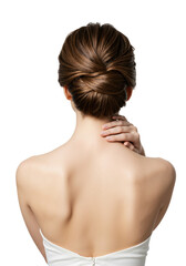 Fototapeta premium Rear view of a young woman with a sophisticated brown hair updo. Bride with a classic hairstyle and beautiful back.