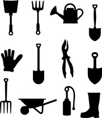 Gardening Tools Silhouettes Set 12 Garden Equipment Vector Icons