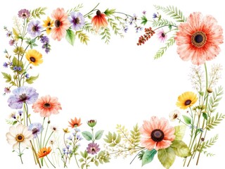 Fototapeta premium Colorful Botanical Rectangle Frame - Hand Painted Flowers and Herbs