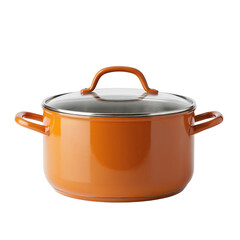 Bright orange cooking pot with a glass lid isolates on a transparent background