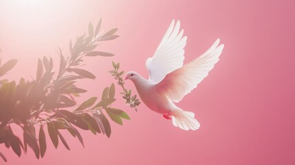 Obraz premium White Dove Flying with Olive Branch, Pink Background