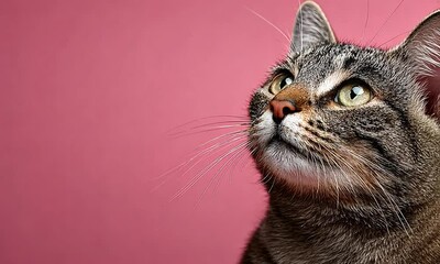 A close-up of a tabby cat's face gazing upwards against a vibrant pink background, displaying its whiskers - Powered by Adobe