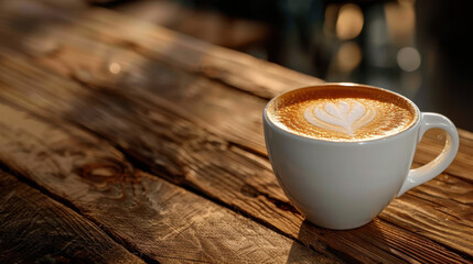 Closeup of beautifully crafted latte art in white cup, resting on rustic wooden table. warm tones and soft lighting create cozy atmosphere, inviting coffee lovers to enjoy moment of relaxation