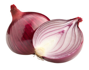 Two red onions one whole and one cut in half showing the layers on a black background close up view