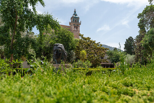 Valldemossa, Spain - June 10, 2025: Royal Carthusian Monastery (Real Cartuja) in Valldemossa, a traditional village on the Tramuntana mountain.