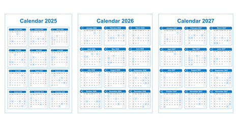 Set of calendars for 2025, 2026, 2027 and 2028 on a white background