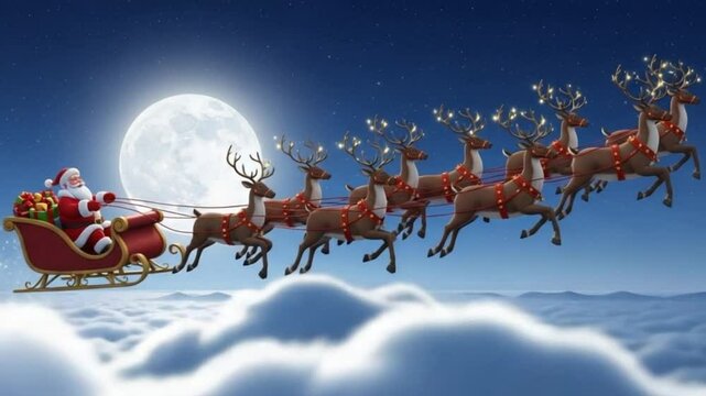 Animated santa claus and his reindeer flying over clouds during christmas eve night 4K Ai HD video.

