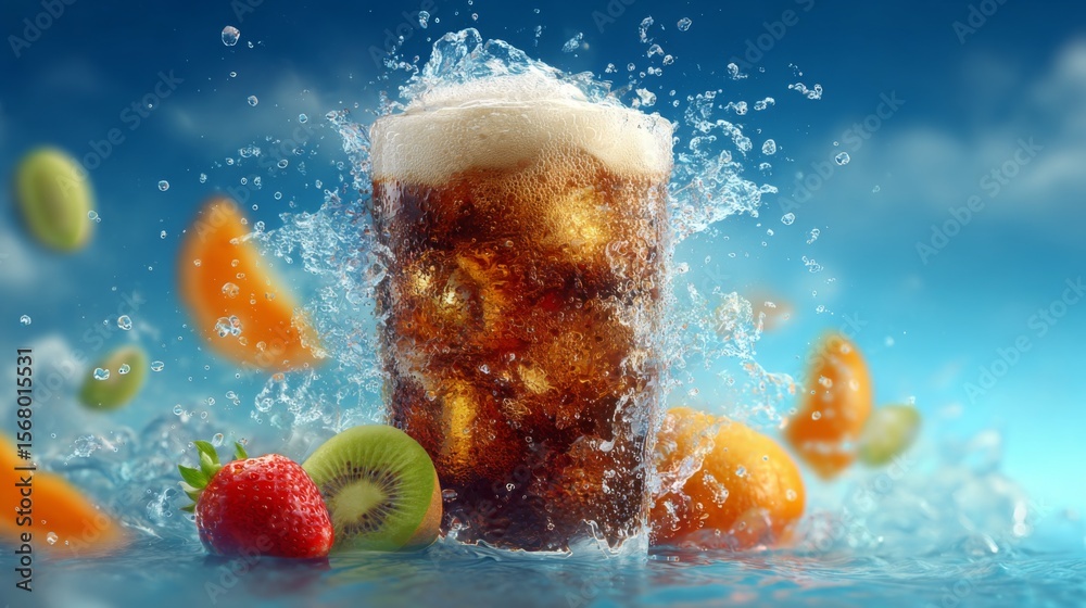 Poster a chilled glass of soda with a perfect head of foam, surrounded by fresh fruit slices, creating a re