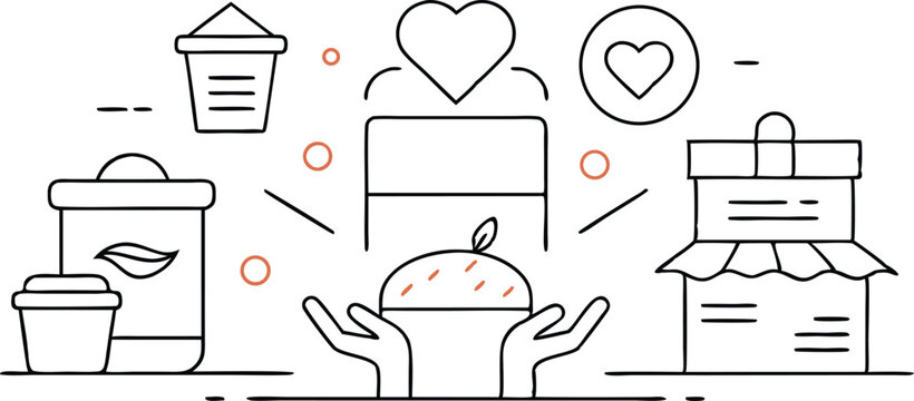 Conceptual illustration of gifting and appreciation with various icons including cups boxes hearts and hands isolated on transparent background