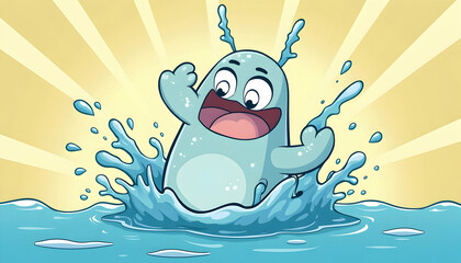 Cartoon Character Playing in Water with Splash and Joyful Expression