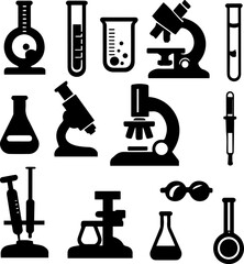 Science Tools Silhouettes Set 14 Laboratory Equipment Vector Icons