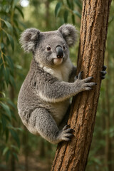 Realistic Koala Climbing a Tree in Australian Forest