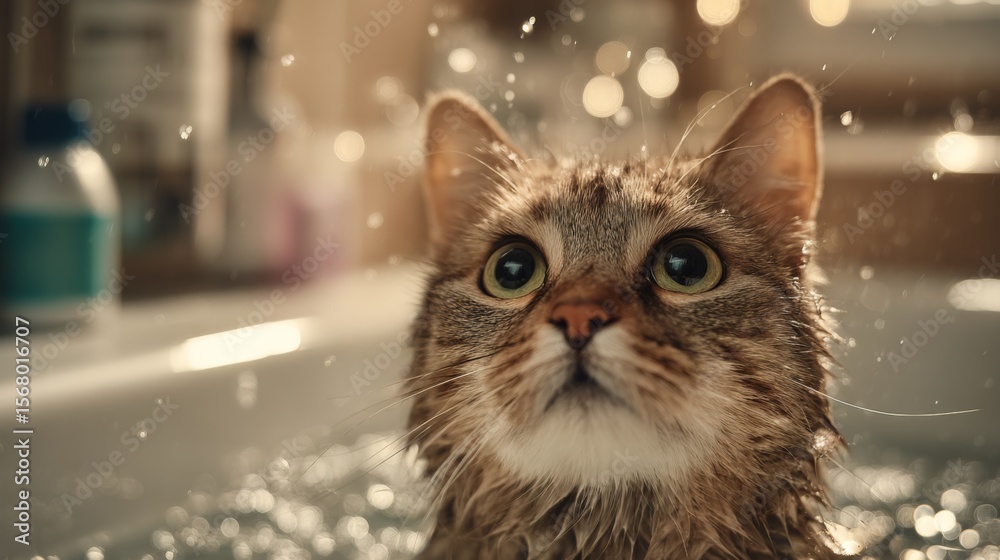 Poster A close-up of a cat sitting in a shallow bath with gentle water splashing around, showing its curious expression and wet fur in a cozy bathroom setting.