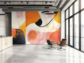 office space with wall mural abstract shapes, minimalist furniture