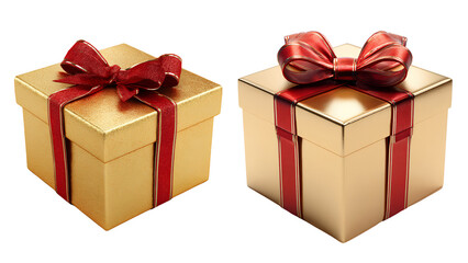 Obraz premium Two Elegant Golden Gift Boxes with Red Ribbons Isolated on White Background – Holiday Present Package Clipart