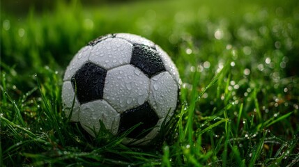Fototapeta premium A close-up of a classic black and white soccer ball resting on a lush green grass field, with morning dew glistening on its surface.