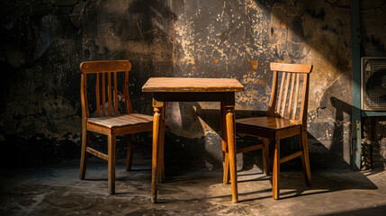 Rustic wooden table with two mismatched chairs in dimly lit room, showcasing vintage aesthetic against textured wall. warm tones evoke cozy atmosphere