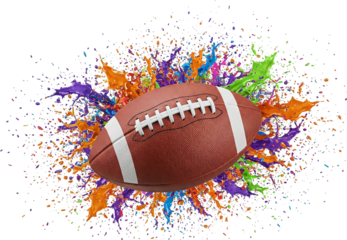 American Football in Vibrant Color Splash on transparent background.  Rugby ball splash, Dynamic  Action Shot with Paint Splatter. PNG