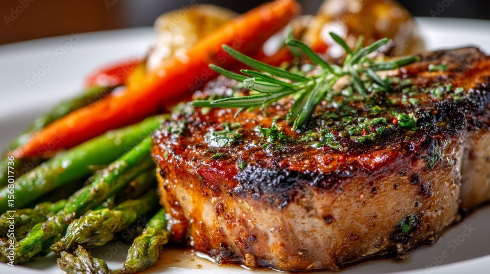 Poster a close-up of a juicy, grilled pork chop with a beautifully seared crust, served with a side of saut