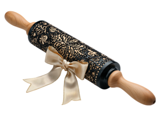 Black Rolling Pin with Ornamental Bow on White Background Featuring Glossy Finish Wooden Handles and Festive Decorative Element on white background 