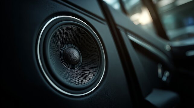 A close-up of a high-quality car speaker mounted on a vehicle door, showcasing its sleek design and detailing, with the interior of the car softly illuminated.