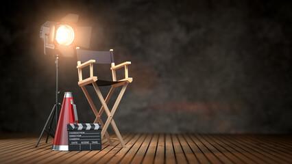 Empty director chair illuminated by spotlight. Film production and movie backstage. 3d illustration