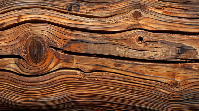 Textured pine wood with natural imperfections, showcasing rich brown tones and unique grain patterns. surface features cracks and knots, adding character and warmth to material