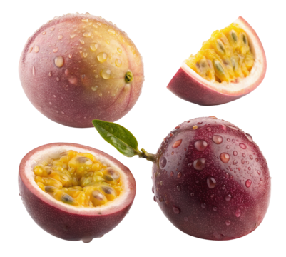 A collection of passion fruit displayed with whole, halved, and quartered pieces on a black background