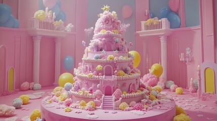 A fantastical, tiered cake dessert, themed in pastel colors.