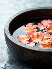 Floating orange and pink plumeria petals in a dark stone bowl of water on a spa-like background