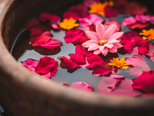 Bright flower petals and blossoms floating in a bowl of water creating a vibrant and colorful spa ambiance
