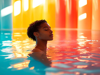 Young woman relaxing in a colorful indoor pool with eyes closed and serene expression