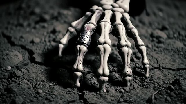 Skeletal Hand Emerges Ringed Finger on Cracked Earth Dark Fantasy.
