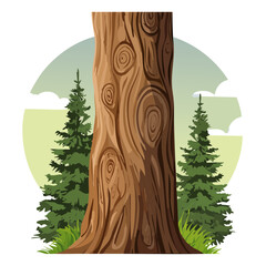 Cartoon Redwood Forest Scene with Evergreen Trees and Grassy Floor