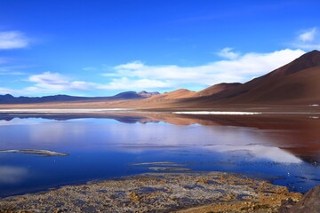 Aerial view of Laguna Colorada with flamingos and mountain reflections, Bolivia