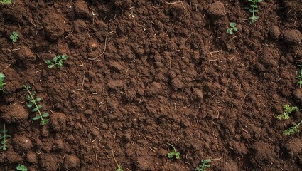 Close-up of fertile soil with new plant growth emerging.