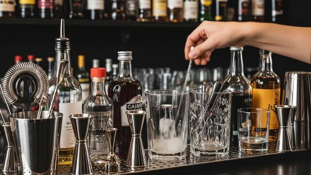 Bartender stirring a cocktail in a glass with bar tools and liquor bottles on the shelf