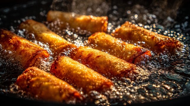 A close-up of spring rolls being fried in hot oil, capturing the bubbling action and golden color of the crispy outer layer.