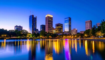 Naklejka premium Night Lights Reflecting on City Skyline