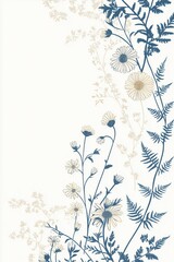 A decorative border design featuring a series of stylized floral and botanical elements--a mix of daisies, vines, and ferns--drawn in continuous line style.