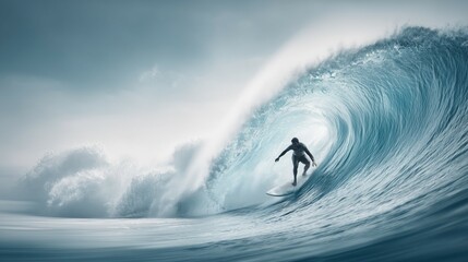 A surfer riding inside the tube of an epic wave, captured through long exposure photography, resulting in a motion blur effect and blue color tones.