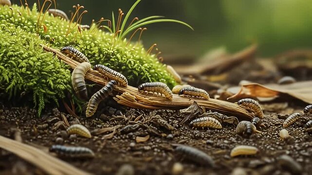 Macro View of Maggots and Insects on Mossy Ground