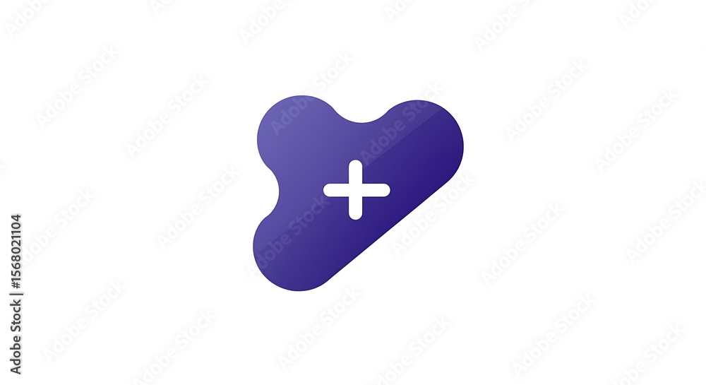 Poster A purple blob shape with a white plus sign in the center on a plain white background in simple design