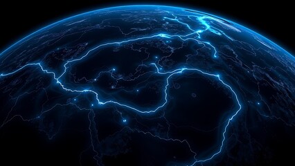 Obraz premium Ancient oceanic currents visualized as glowing blue veins on a dark planet, revealing hidden flows.