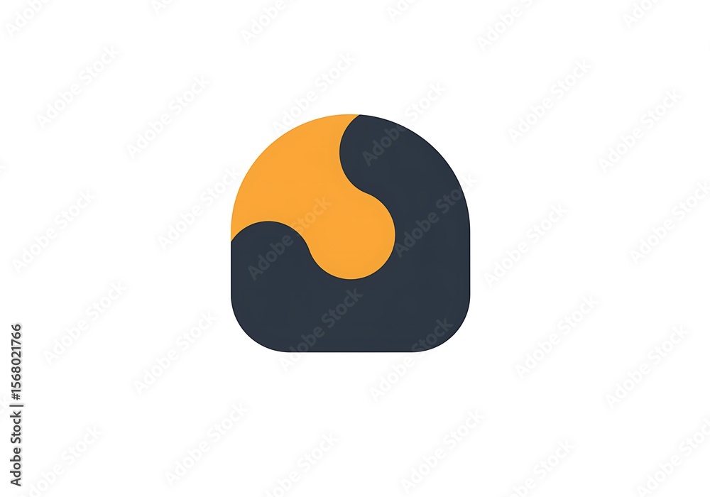 Poster A stylized logo with a rounded square shape in dark gray and a yellow wave like design inside it
