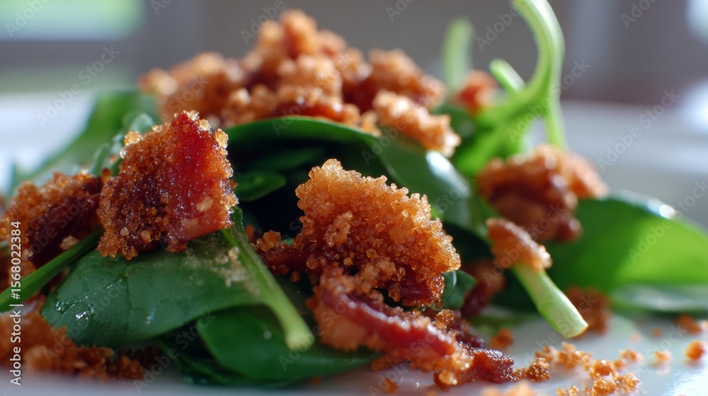 Poster a creative shot of bacon bits sprinkled over a fresh salad, highlighting the contrast between the cr