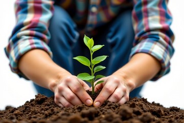 subject: a person holding a plant in the dirt, planting trees for a green sustainable future