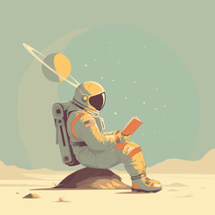 Astronaut sitting on a rock reading a book on an alien planet, conceptual illustration blending science fiction with imagination and solitude